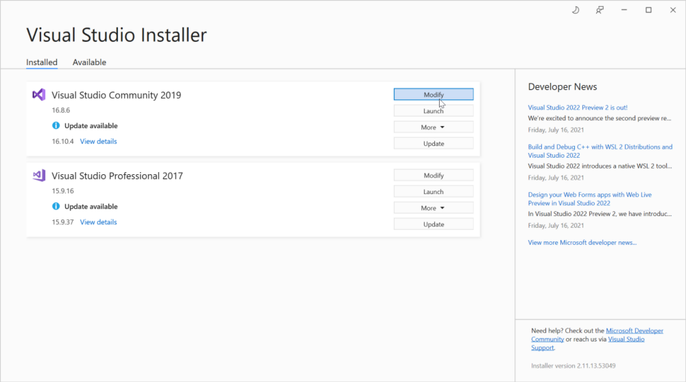 Visual Studio Add Workload