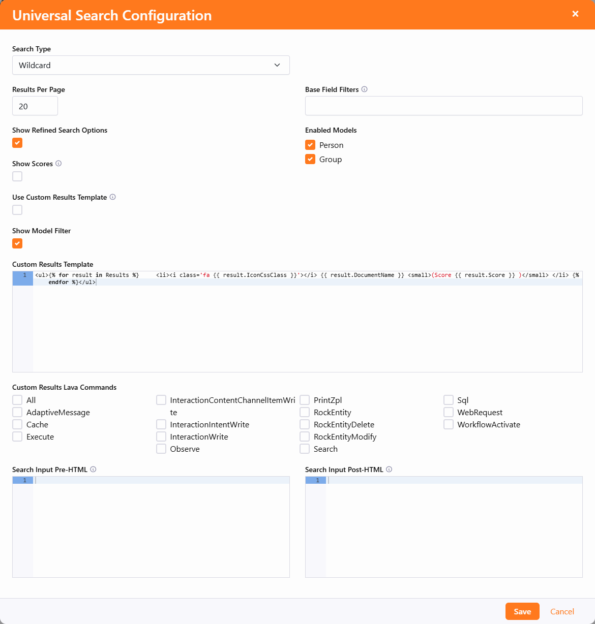 Example from the Universal Search Configuration